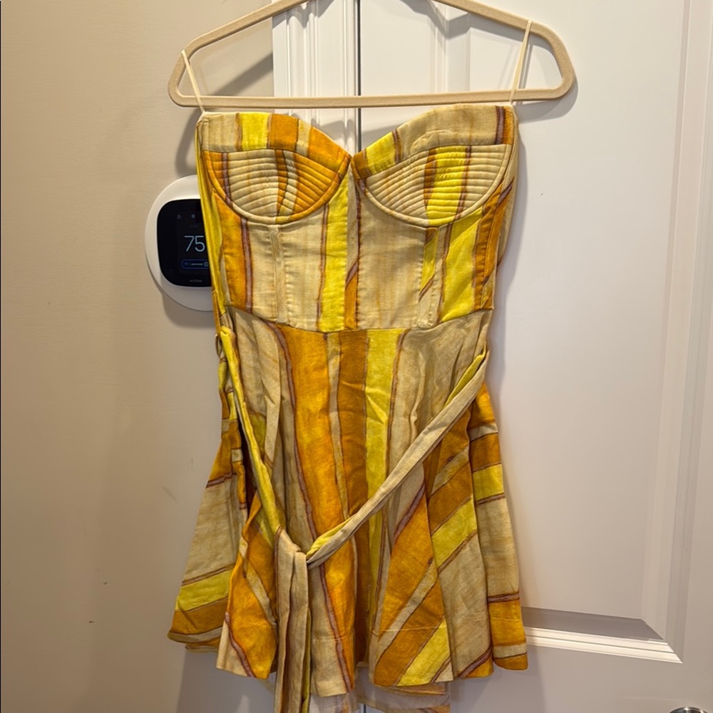 Bardot Strapless Dress in Yellow and Orange